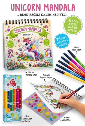 Çocuklar İçin Unicorn Mandala (6 Renk Keçeli Kalem ve 75 Adet Çıkartma
