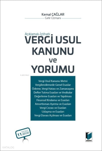 Vergi Usul Kanunu ve Yorumu (Ciltli) | Kemal Çağlar | Adalet Yayınevi
